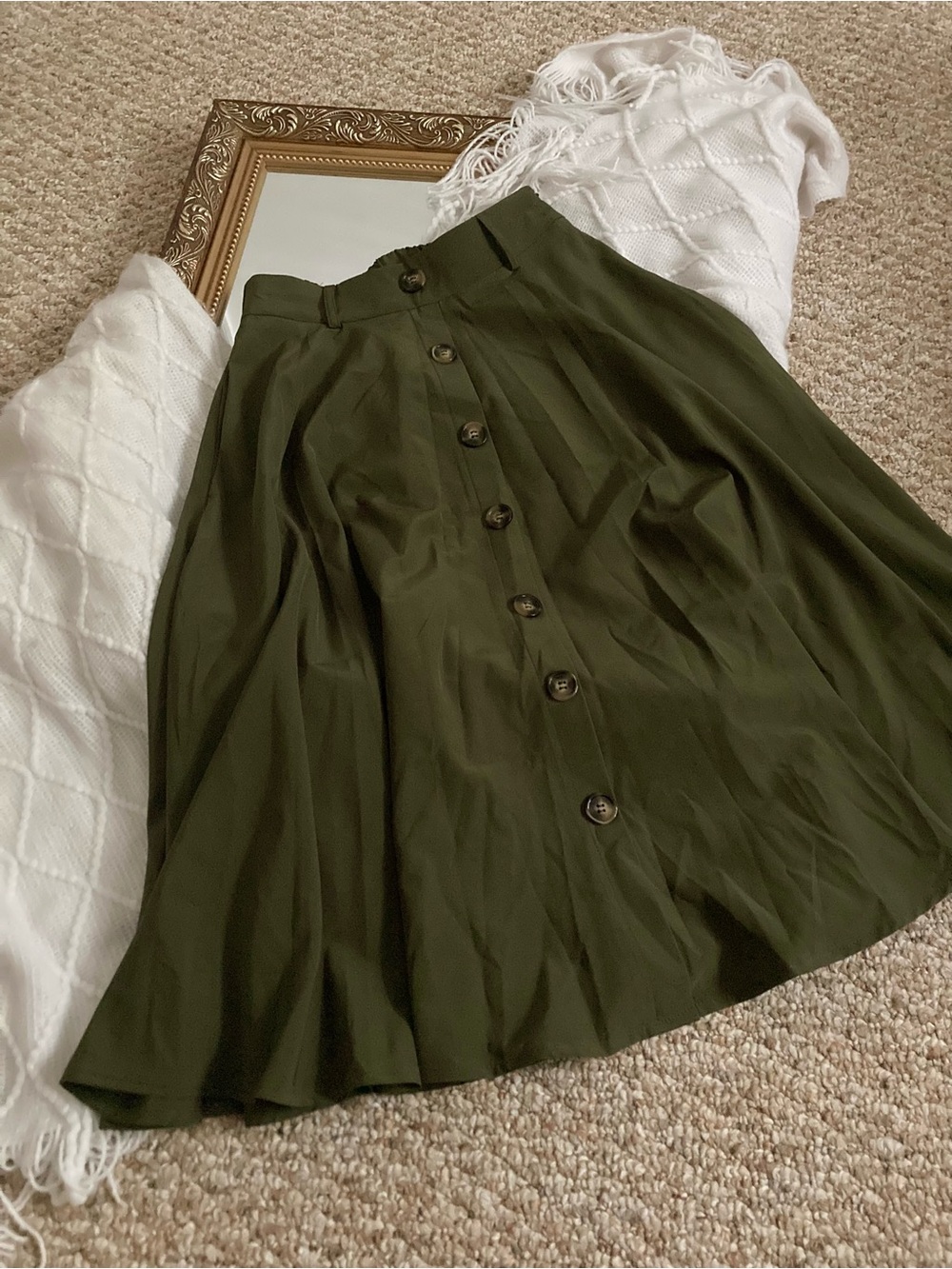 High-Waist Olive A-Line Button-Front Midi Skirt